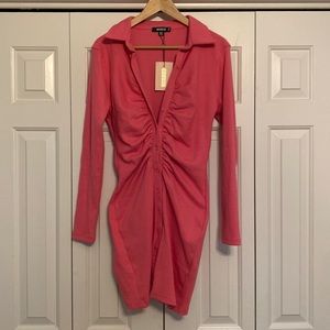 Missguided Button Down Ruched Collar Mini Dress Rib Pink Size 10